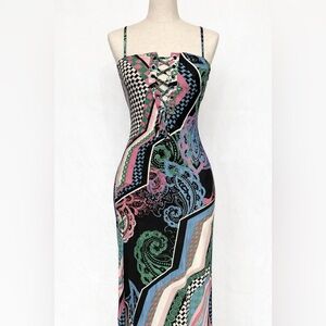 Maxi jersey geometric print tube dress- spaghetti straps corset look lacing. 4